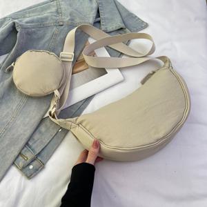 TEMU 1pc 어반 스타일 초승달 모양 크로스바디 백, 조절 가능한 스트랩이 있는 캐주얼 나일론 메신저, 지퍼 잠금, 내구성 및 세척 가능, 폴리에스테르 안감, 지갑 포함 - 단색|지갑