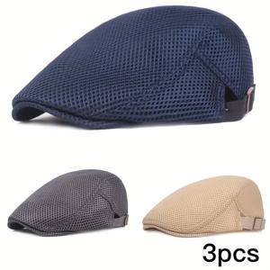TEMU 남녀공용 3pcs 경량 통기성 여름 베레모 모자 - 스트레치 핏 그리드 패턴, 조절 가능한 토글 클로저, 네이비/그레이/베이지 - 골프, 야외 스포츠, 봄/여름, 이상적인 선물, 캐주얼 헤어웨어, 중성 톤 모자, 편안한 신축성 원단|골프웨어