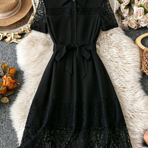 TEMU 여성용 우아한 블랙 레이스 대비 드레스, 단추 앞면 허리 & 짧은 소매 - 캐주얼 및 정장용 봄/여름 세탁기 사용 가능 핏드레스, 시크 터다운 칼라 디자인