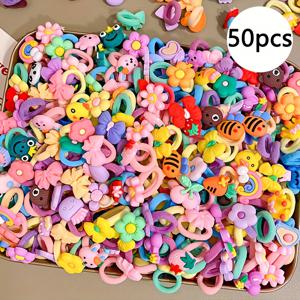 TEMU 50pcs 귀여운 스타일 헤어 액세서리 세트, 만화 과일 채소 동물 꽃 리본 플라스틱 헤어 밴드, 혼합 색상 레진 헤어 타이, 소녀용