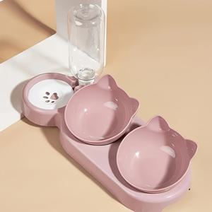 TEMU 3-in-1 귀 모양 기울어진 고양이 급식기와 중력 물병 - 목 보호, 비전기식 플라스틱 애완동물 그릇