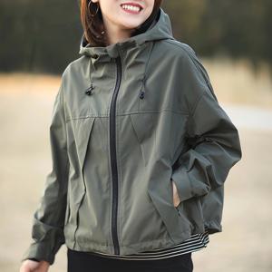 TEMU 1pc 여성용 캐주얼 반팔 후드 자켓, 100% 폴리에스테르 단색 경량 , 비스트레치 직조 소재, 지퍼 스프링/가을 아우터웨어