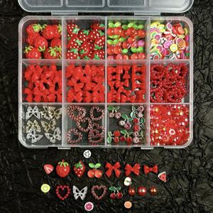 TEMU 1 세트 레드 테마 네일 아트 꾸미기 키트, 레진 합금 체리 및 딸기 장식, DIY 공예 네일 아트 액세서리, 무알코올 접착제, 네일 디자인을 위한 다양한 매니큐어 보석