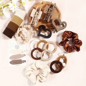 TEMU 38pcs 벨루어 헤어 액세서리 세트, 커피 & 버건디 러브 하트 Frosted 디자인, 프릴 & 단색, 우아한 심플 스타일, 미끄럼 방지 포니테일 거치대, 헤어 클립, 링, 밴드, 여성 및 소녀를 위한 기념일 선물 아이디어