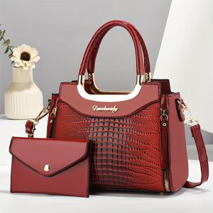 TEMU 2pcs 세트 인조 가죽 여성용 어깨 가방, 지갑, 캐주얼 동물 프린트, 분리 가능한 스트랩, 지퍼 클로저, 안감, 엣지 페인트 - 블랙, 버건디, 카키, 지구적 노란색, 왕색 파랑으로 제공