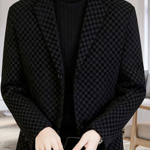 TEMU 남성용 스타일리시 체크무늬 - 따뜻한 폴리에스터 정장 재킷, 라펠 칼라, 긴 소매 & 가을/겨울용 사이드 포켓, 흑백 하운드투스 패턴, 세탁기 사용 가능, 계절별 아우터웨어 | 모던 정장 재킷 | 세탁기 사용 가능한
