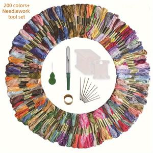 TEMU 200가지 색상의 자수실 혼합팩, 100% 순수 실, 각색당 800cm 길이, 와인더, 바늘 꿰매기 도구, 가위 및 손가락 보호대 포함, 크로스 스티치, 바느질, 공예용|십자수
