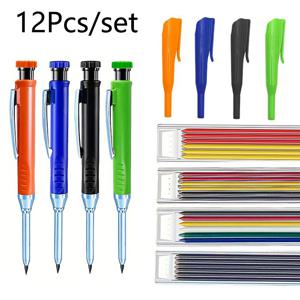 TEMU 12개 멀티 컬러 목공 연필 세트, 다양한 장면용 클립이 있는 2.8mm 금속 마킹 펜, 작업자용 연필깎이 포함, 연필심, 펜 클립