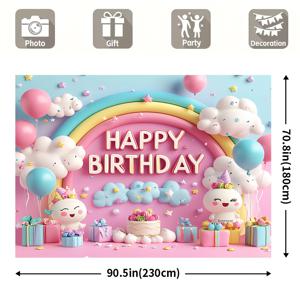 TEMU 해피 버스데이 배너 배경, 폴리에스터 파티 벽 장식, 무지개, 구름 및 축하 디자인, 일반적인 핏, 전기 불필요, 침실 및 거실용, 다재다능하고 내구성 있는 축제 장식