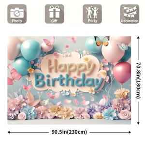 TEMU 1pc 행복한 생일 테이프스트리, 공기와 꽃으로 장식된 폴리에스터 벽걸이, 나비 액센트, 다용도 크기 (39x59인치, 51x59인치, 70.8x90.5인치), 전기 없음, 야외 축제 장식