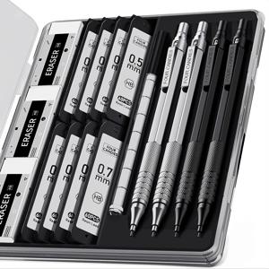 TEMU 네 개의 과자 4pcs 금속 기계적 펜슬 세트 케이스 포함, 0.5mm & 0.7 mm 펜슬 8 튜브 (480pcs) HB 리드 리필, 3 개의 지우개, 9 개의 지우개 리필을 위한 쓰기, 드래프팅, 그리기, 블랙&실버|필통
