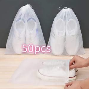 TEMU 50개 휴대용 신발 보관 가방, 부직포 여행 정리 파우치, 흰색 운동화용 일회용 방진 신발 커버, 끈으로 닫히는 신발 건조 가방, 신발 건조 커버, 걸이형 신발 정리함