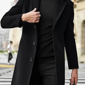 TEMU 남성 클래식 싱글 브레스트 트렌치 코트, 폴리에스테르 100% 단색, 캐주얼 라펠 칼라, 레귤러 핏, 비스트레치 짠 원단, 비즈니스 캐주얼 가을/겨울 아우터웨어