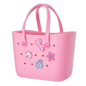 TEMU MINISO 미니 수 - 바비 선샤인 컬렉션 퍼포레이티드 토트 백, 귀여우며 세련된, 핑크 및 블루로 장식된 색다른 자수, 캐주얼한 외출에 이상적, 캐주얼한 토트 백|즐거운 액세서리|내구성 있는 손잡이, 바비 액세서리|바비인형