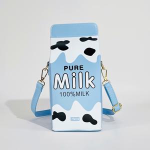 TEMU 딸기 우유 카톤 크로스바디 백 - 귀여운 핑크 PU 숄더백, 조절 가능한 스트랩, 지퍼 클로저, 여행 및 일상 사용을 위한 장난기 넘치는 소 프린트 디자인, 소 프린트 지갑