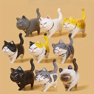 TEMU 9개의 미니 고양이 인형 세트, 귀여운 PVC 모조 고양이, 자동차 대시보드, 케이크 장식, 데스크탑 디스플레이, 고양이 주제 장식에 적합합니다.