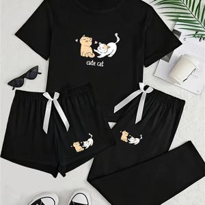 TEMU 귀여운 고양이와 강아지 프린트가 있는 3피스 청소년 여아용 파자마 세트 - 반팔 탑, 반바지, 긴바지 - 편안한 폴리에스터 스판덱스 혼방 - 봄/여름/가을 캐주얼 홈웨어|잠옷|파자마|여름잠옷