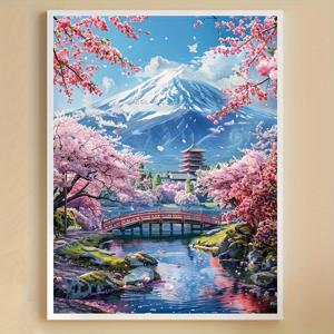TEMU 성인용 5D 페인팅 세트, 전체 풍경 그림, 초보자 친화적 프로젝트, 일본 벚꽃과 후지산 장면, 액자 없음|보석십자수