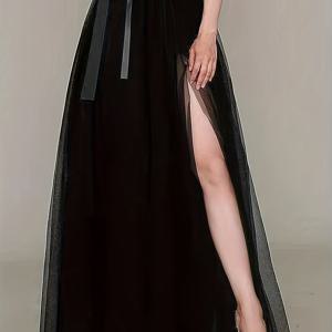 TEMU 벨트와 비대칭 밑단이 있는 우아한 하이웨이스트 튤 마이 스커트, 폴리에스터 안감, 단색, 올 시즌 메쉬 A라인 스커트, 신축성 있는 허리밴드와 재질, 정장 의상 | 흐르는 스커트 디자인 | 광택 있는 마무리