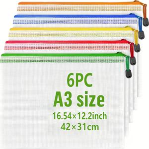 TEMU 6개 A3 메쉬 지퍼 파우치 라벨 슬리브 포함 - 튼튼한 PVC, 사무실 및 가정용 정리, 문서 보관, 퍼즐 및 보드 게임, 문서 보관에 이상적|투명 디자인|튼튼한 지퍼 클로저, 메쉬 지퍼 파우치 가방