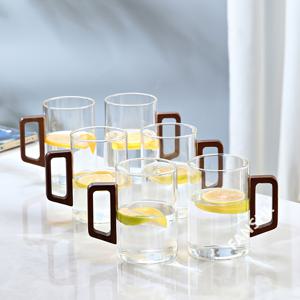 TEMU 500ml 대용량 가정용 투명 유리 물 세트 16.9oz 나무 손잡이 컵 손님용 음료 컵 세트|텀블러