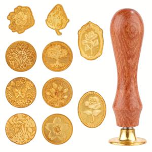 TEMU [10pcs 골든 왁스 스탬프 세트] 10pcs 골든 왁스 스탬프 세트, 나무 손잡이, 금속 스탬프 키트, 편지, 인사 카드 및 선물 장식용 다양한 패턴 포함|실링왁스