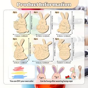 TEMU 24개 부활절 토끼 & 달걀 나무 걸이 장식 키트 - DIY 직접 칠할 수 있는 공예 세트, 축제용 홈 & 파티 장식을 위한 컬러풀한 빈 우드 칩과 끈