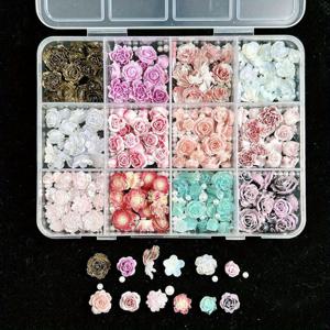 TEMU DIY 네일 아트, 휴대폰 케이스, 귀걸이, 헤어 액세서리, 사진 액자 장식을 위한 달콤한 장미 녹차 잎과 진주 혼합 액세서리 박스.