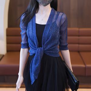 TEMU 여름 황금과 은빛 실 외층 스트레치 메쉬 스할, 여성용 짧은 카디건 플러스 사이즈 레이스 태양 차단 상의, 에어컨용