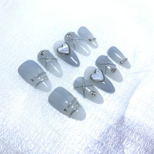 TEMU 10개 블루-화이트 그라데이션 광택 아몬드 모양 프레스온 네일, 하트 & 스타 라인스톤 디자인 - 중간 길이 우아한 여성용 인조네일, 일상 및 특별 행사용 내구성 있는 수제 네일 스티커, 현대적인 네일 액세서리, 라인스톤 장식|네일|네일아트|스티커