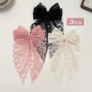TEMU 여성용 우아한 레이스 보우 헤어 클립 3개 세트 - 달콤하고 귀여운 봄 클립 디자인, 블랙, 핑크-퍼플, 화이트 - 커플 선물로 이상적, 어떤 의상에도 잘 어울리는 다용도 액세서리, 귀여운 헤어 클립