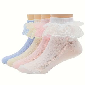 TEMU 여아들을 위한 봄, 여름, 가을에 적합한 단색 양말 4켤레, 룩을 위한 이중층 레이스 트림, 통기성이 좋은 짧은 양말, 모든 계절에 적합한 흰색 댄스 양말을 특징으로 합니다.