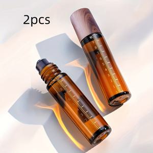 TEMU 2개/5개, 10ml 유리 에센셜 오일 롤러 병, 암버 나무 조각 캡, 등급된 스케일, 충전 가능한 여행용 향수 아토마이저, 손세척만, 직사각형 모양, 향수 없음, 에센셜 오일용 빈 롤온 병