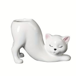 TEMU 매력적인 꼬리 없는 고양이 세라믹 화분, 귀여운 흰색 다육식물 화분과 녹색 식물 삽입, 집이나 사무실 책상 장식에 이상적, 독특한 동물 모양 실내 꽃 홀더, 완벽한 선물, 실내 식물 장식|동물 모양 화분|광택 있는 세라믹, 고양이 정원 장식