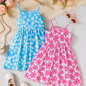 TEMU 2pcs 세트 여아 플로럴 프린트 원피스, 캐주얼 슬링백 여름 파티 드레스, 폴리에스터 & 스판덱스 니트 원단, 편안한 레귤러 핏, 자매 옷 & 휴일 선물에 완벽합니다.