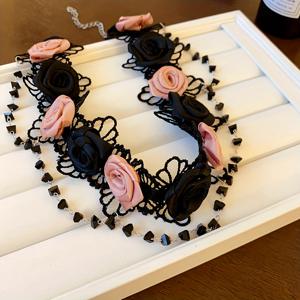 TEMU 프렌치 스위트 쿨 분위기 레이스 로즈 목걸이, 시크한 칼라본 체인, 핸드메이드 장미 빨간 천 인조 목걸이, 여성용 패션 파티 목걸이, 우아한 발렌타인데이 목걸이