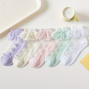 TEMU 5 쌍의 소녀 봄과 여름 단색 댄스 레이스 엣지 양말, 편안하고 통기성이 뛰어나며 세련된 다양한 양말, 아기용