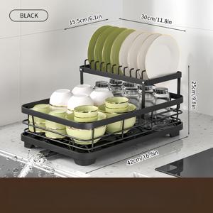 TEMU 주방 카운터탑용 배수판이 있는 2단 접시 건조대 - 검은색 철, 컵 홀더 및 식기 슬롯이 있는 공간 절약 디자인, 접시, 그릇, 유리 제품 및 식기 보관에 이상적, 세련된 접시 홀더, 효율적인 배수 시스템, 접시 건조대|식기건조대|식기건조기