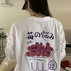 TEMU 여성용 우아한 롱라인 라운드넥 긴팔 티셔츠 - 딸기 만화 프린트와 