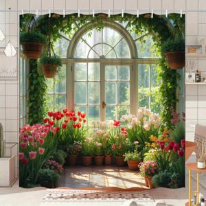 TEMU 1pc 녹색하우스 정원 튤립 샤워 커튼 폴리에스터 직물 욕실 장식, 아치형 창문, 아름다운 튤립과 풍성한 잎, 12개 후크, 70x70인치