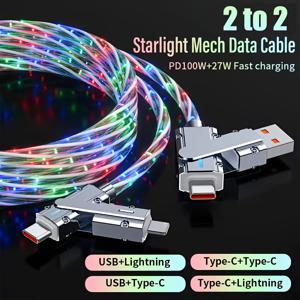 TEMU 새로운 별하늘 RGB LED USB Type-C to Type-C to Lightning 및 4 in 1 고속 충전 케이블 iPhone 16 15 14 Xiaomi Samsung HUAWEI 용