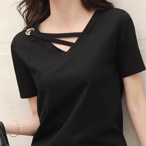 TEMU 여성용 세련된 V넥 반팔 티셔츠, 폴리에스터, 단색, 약간의 신축성, 정규 소매, 봄/여름, 크로스 스트레이프 디테일, 니트 소재, 180 g/m²|반팔티|티셔츠|반팔티셔츠