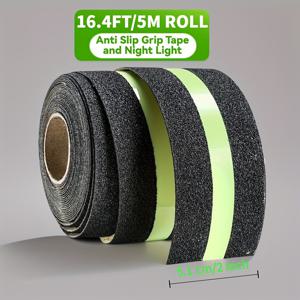 TEMU 야광 방지 슬립 그립 테이프 - 실내외 계단용 고무력 PVC 안전 테이프, 2인치 x 16.4피트, 검정색에 녹색 야광 라인, 미끄럼 방지 트랙션, 실내외 안전 | Glowindark 특징 | 질감 있는 그립 텍스처, 계단 밑판 미끄러움 방지