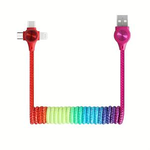 TEMU 3-in-1 스프링 USB 케이블, 아이폰 16/15/14/13/12/11, 에어팟, 아이패드, 샤오미, 오포, 비보, 삼성용 브레이드 스트레치 프리 디자인 - 컴팩트 & 휴대용, 여러 기기 동시 충전, 내구성 있는 패브릭 소재, 다양한 색상 옵션 (빨강, 노랑, 초록, 파랑, 보라)