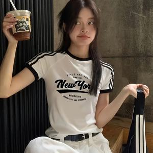 TEMU 여성 패션 반팔 티셔츠, 봄/여름 컬렉션, 4줄 무늬, 프론트 프린트, 스파이시 걸 스타일, 젊고 간단한 상의, 폴리에스터 95% 엘라스탄 5%, 니트 소재, 180G/M², 알파벳 패턴|반팔티|티셔츠|반팔티셔츠
