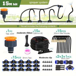 TEMU 15M-10M DIY 유연한 스프레이 키트, 정원 미스트 관개용 8mm 호스, 유럽 및 아메리카용 유니버설 커넥터 스레드