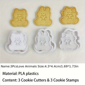 TEMU 3개/세트 토끼 곰 고양이 쿠키 커터 몰드, 사랑의 하트 데이 비스킷 스탬프 아이싱 플라스틱 베이킹 용품