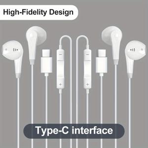 TEMU Type-C/USB-C 잭 2개 이어폰 유선 헤드폰 고음질 HiFi 사운드 몰입형 서브우퍼 고화질 마이크 통화용 범용 이어플러그 헤드셋 아이폰 15/iPhone 15 Pro Max용 삼성 휴대폰 및 태블릿에 적합 대부분의 USB-C/Type-C 오디오 잭 장치와 호환 가능
