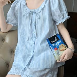 TEMU 여성용 블루 체크 파자마, 새로운 여름 스타일, 신선한 반팔, 인터넷 유명인 귀여운 인형 칼라 홈웨어 얇은 슈트|잠옷|파자마|여름잠옷