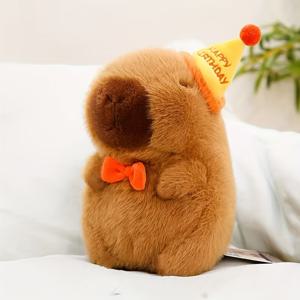 TEMU 【화려한 룩】파티 모자와 리본 넥타이가 달린 귀여운 카피바라 인형 - 모든 개 품종을 위한 부드러운 봉제 동물, 완벽한 실내 놀이 친구, 강아지 및 개를 위한 갈색 만화 디자인
